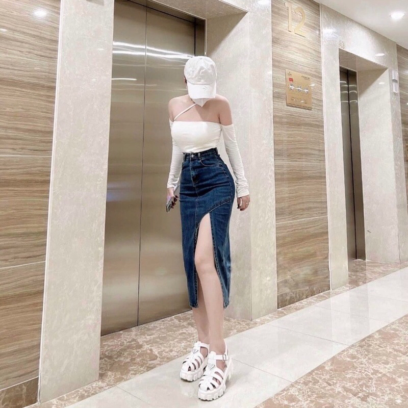 Chân váy jean dài co giãn xẽ lai chéo tà
