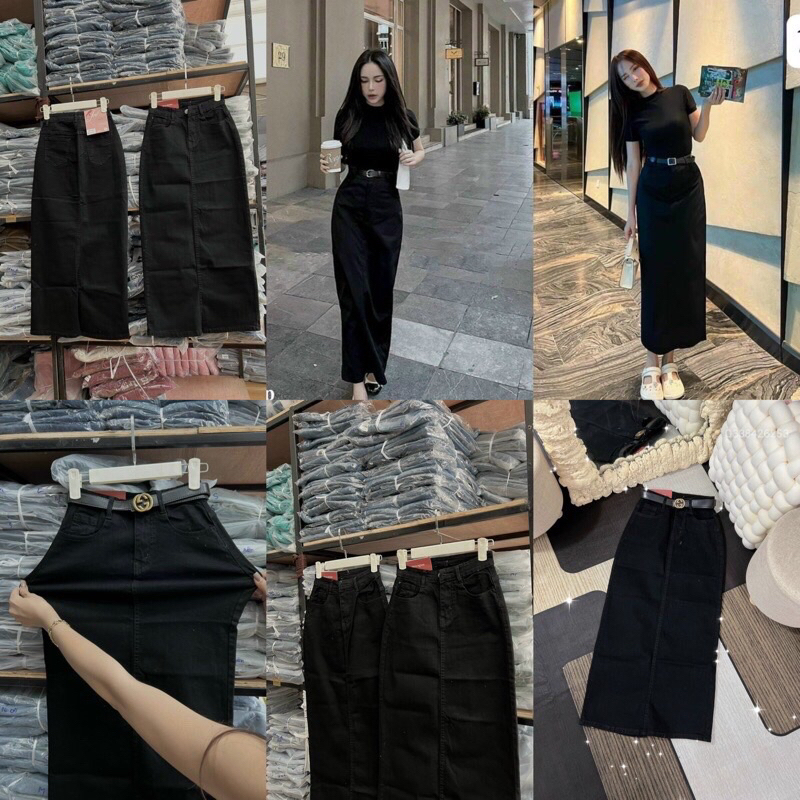 Chân váy jean dài co giãn xẽ lai chéo tà