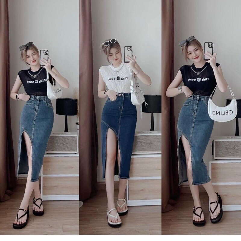 Chân váy jean dài co giãn xẽ lai chéo tà
