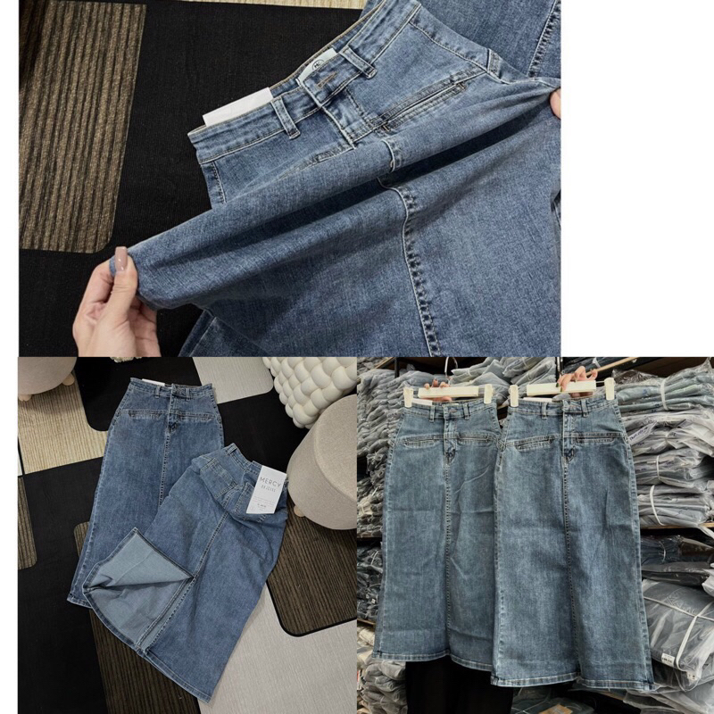 Chân váy jean dài co giãn xẽ lai chéo tà