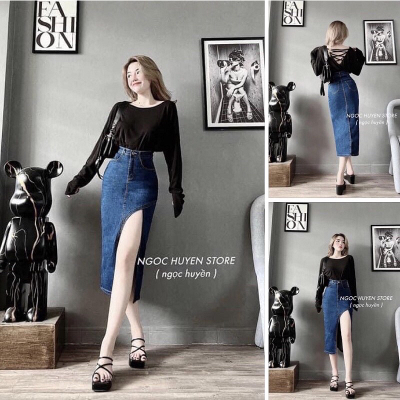 Chân váy jean dài co giãn xẽ lai chéo tà