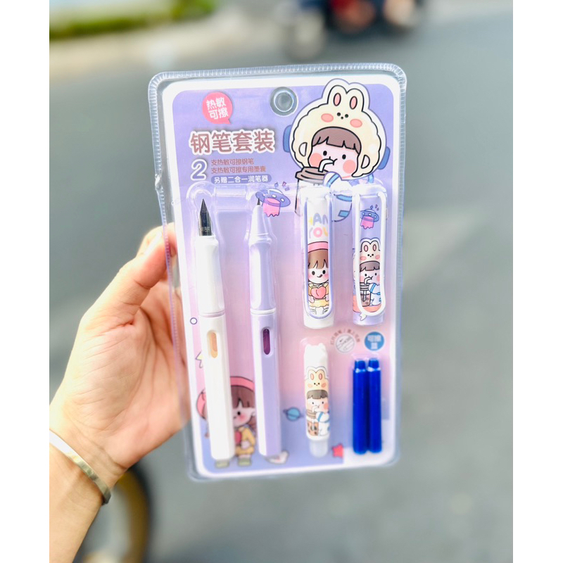 Set 2 Bút Máy Gắn Ống Mực Gồm 1 Bút Thanh Đậm Và 1 Bút Máy Kim Tinh Mẫu Gấu Thỏ Cute