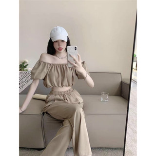 Set bộ trễ vai nữ, Set bộ nữ ống rộngphối áo trễ vai bèo croptop kèm quần dài ôm dây 2 màu M693 - Yado