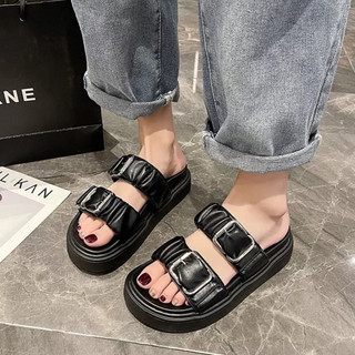 Sandal nữ 2 khoá ngang nhún