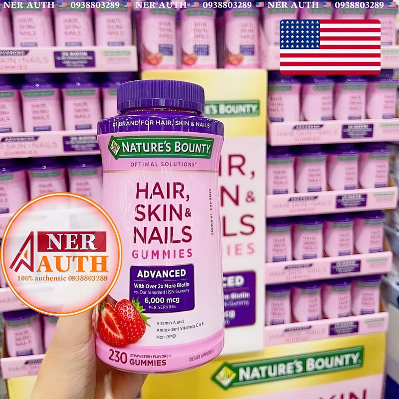 Air Mỹ🇺🇸Kẹo dẻo dâu 230v Hair Skin Nails Gummies Nature’s Bounty 230 viên