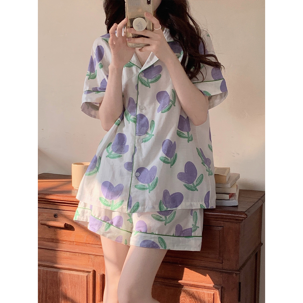 Pijama - Bộ quần áo ngủ in hoa tulip màu tím, bộ ngủ cộc mùa hè