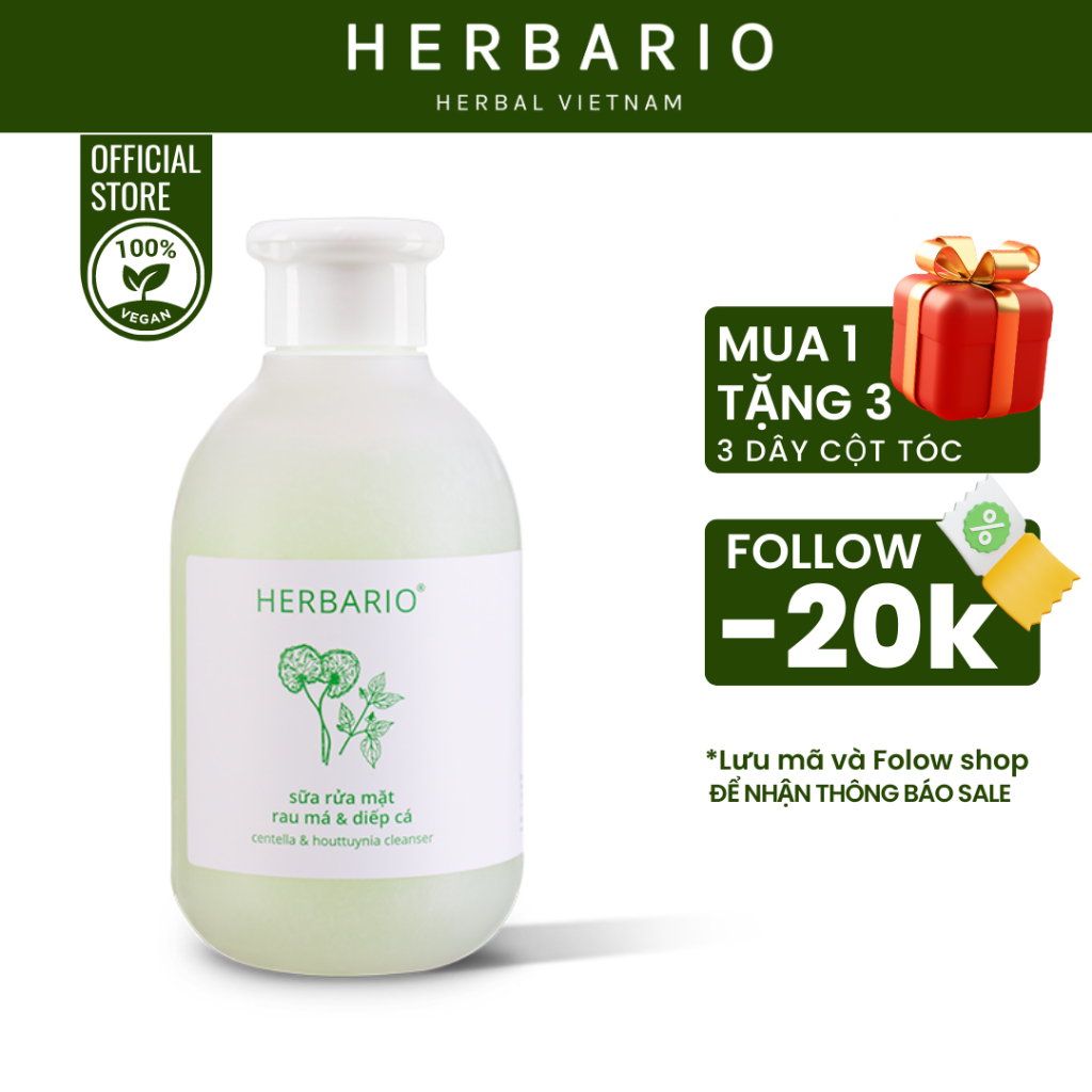 Sữa rửa mặt rau má và diếp cá Herbario 200ml giúp làm sạch dầu mụn - Herbario Thuần Chay