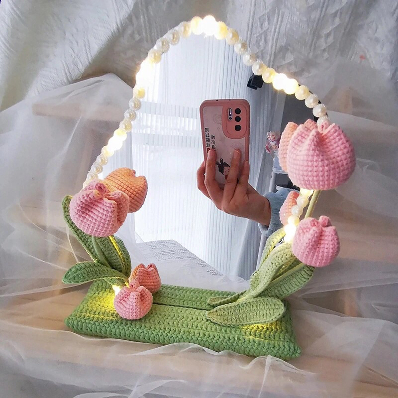 Bộ Gương Đan Len Hoa Tulip Kèm Đèn DIY Handmade