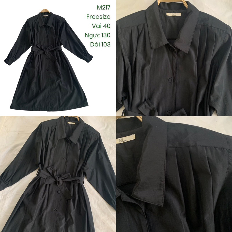Áo khoác trench coat M217 dáng dài tay phồng có độn vai kèm dây đai chất vải tựa dù 1 lớp 2hand Hàn si ảnh thật