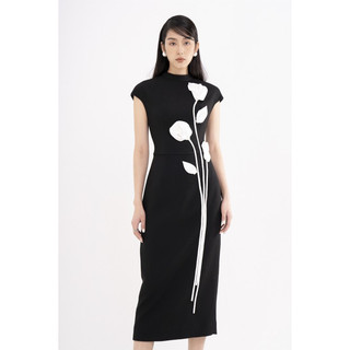 Black Floral Midi Woven Dress