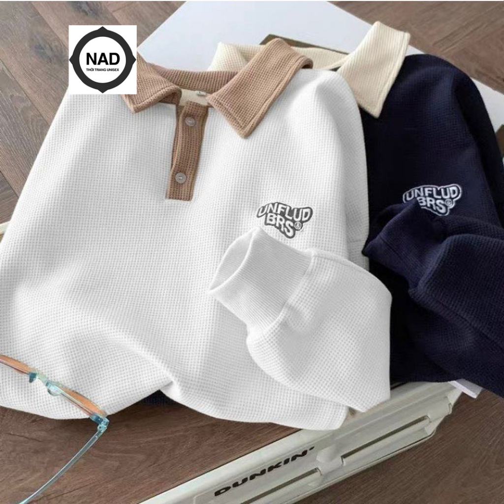 Áo Polo Sweater Phối Logo UNFLUDBRS Trước Ngực NAD Unisex - Áo Cổ Bẻ Nam Nữ Fom Rộng Dài Tay Chất Cotton Tổ Ong Cao Cấp