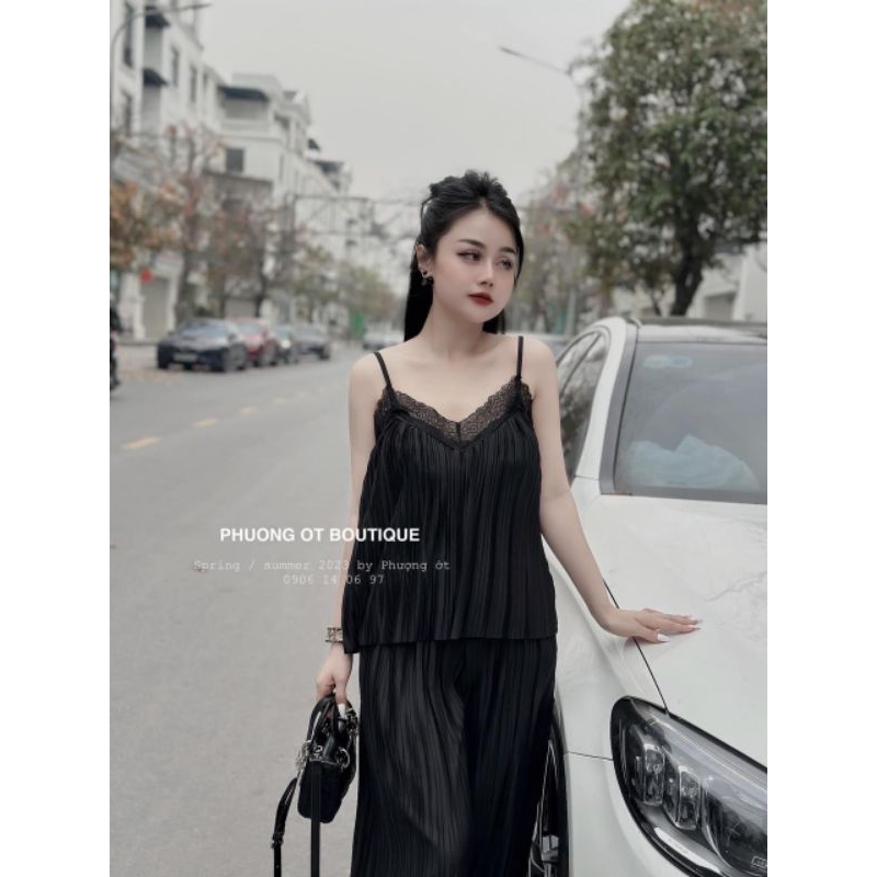 Set bộ nữ 2 dây phối viền ren dập ly kết hợp quần suông dài! Q50423