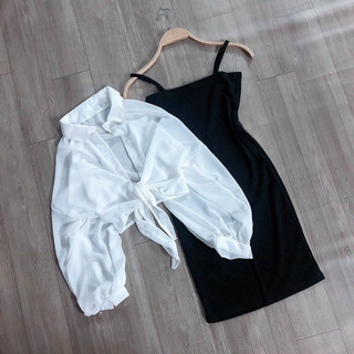 Set đầm 2 dây gân + sơ mi voan cột