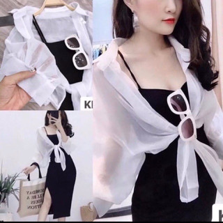 Set đầm 2 dây gân + sơ mi voan cột