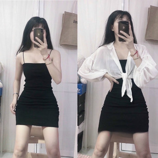 Set đầm 2 dây gân + sơ mi voan cột