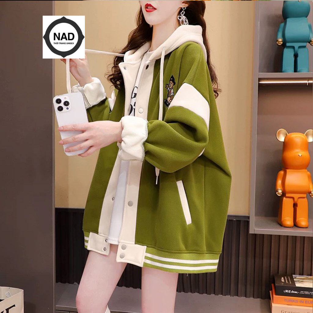 Áo Bomber NAD Unisex Áo khoác nỉ Hoodie mũ trùm đầu 2 lớp thêu hình gấu dễ thương