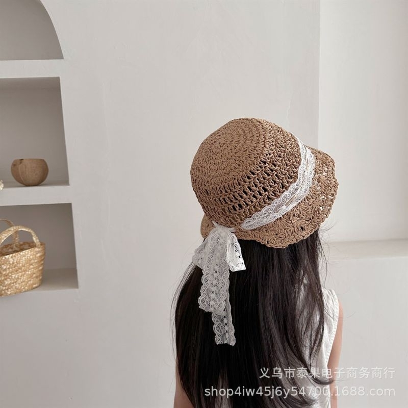 Nón cói mềm phối viền ren trắng cho bé gái, nón cói hè cho bé