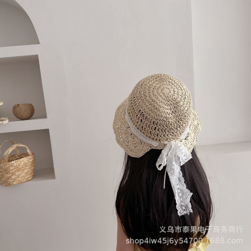 Nón cói mềm phối viền ren trắng cho bé gái, nón cói hè cho bé