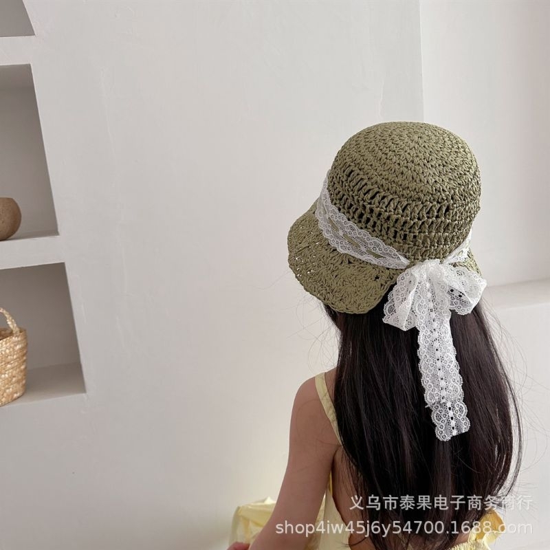 Nón cói mềm phối viền ren trắng cho bé gái, nón cói hè cho bé