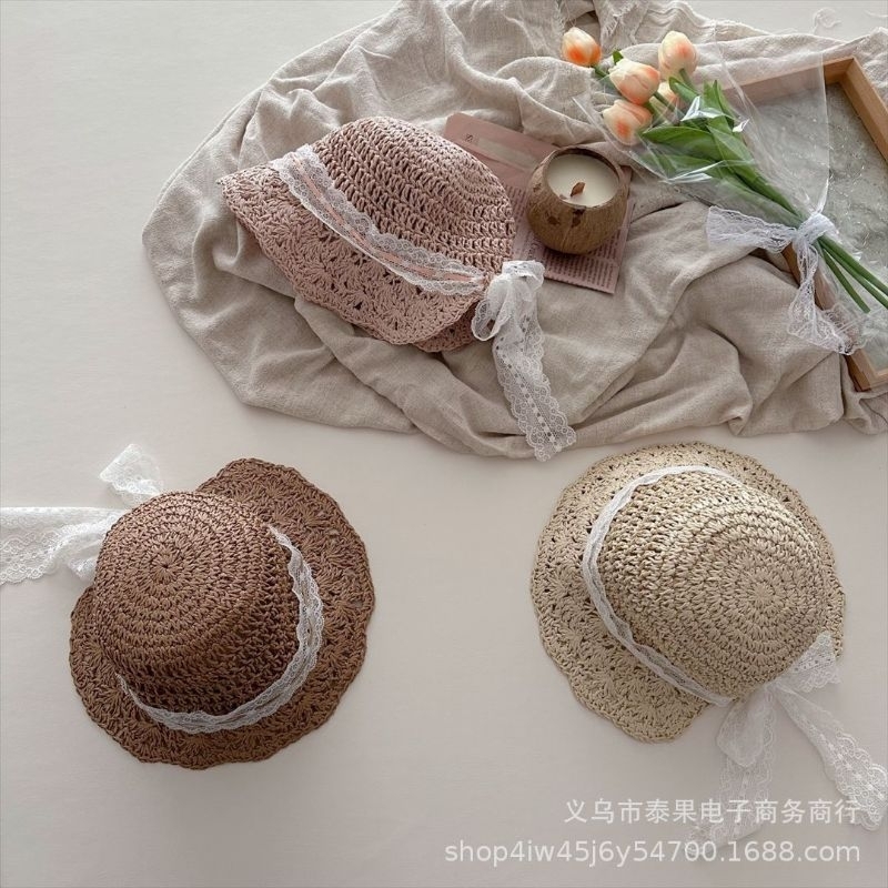 Nón cói mềm phối viền ren trắng cho bé gái, nón cói hè cho bé