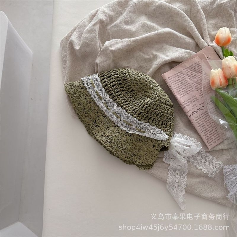 Nón cói mềm phối viền ren trắng cho bé gái, nón cói hè cho bé