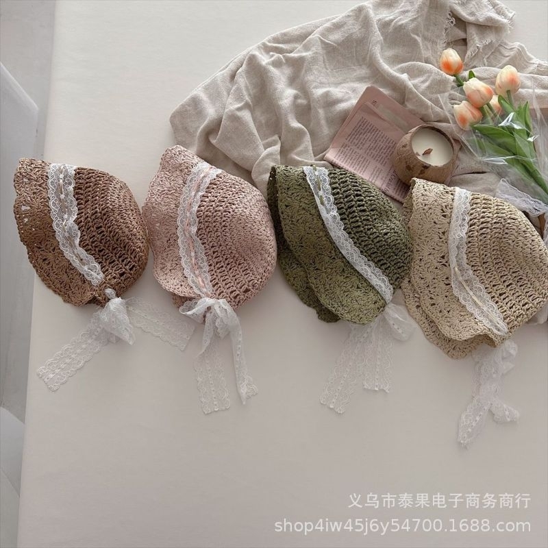 Nón cói mềm phối viền ren trắng cho bé gái, nón cói hè cho bé