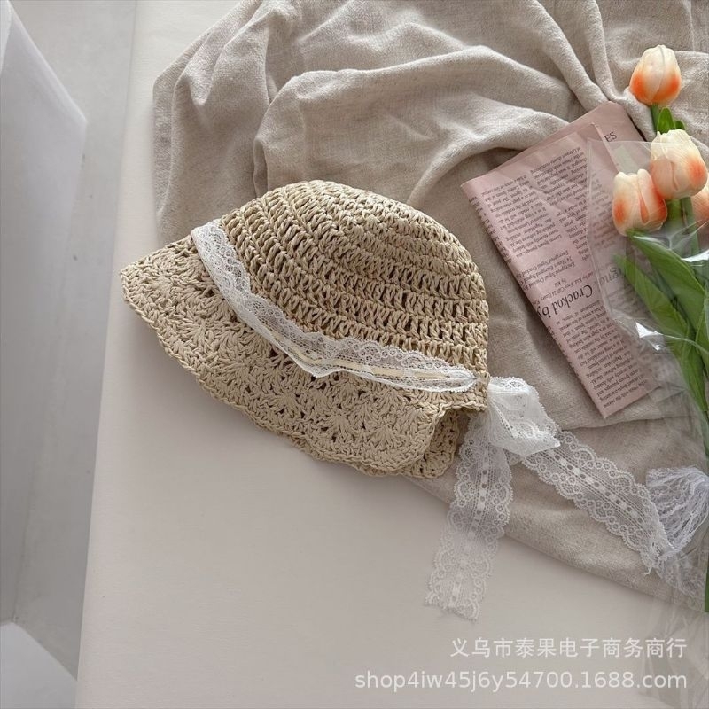 Nón cói mềm phối viền ren trắng cho bé gái, nón cói hè cho bé