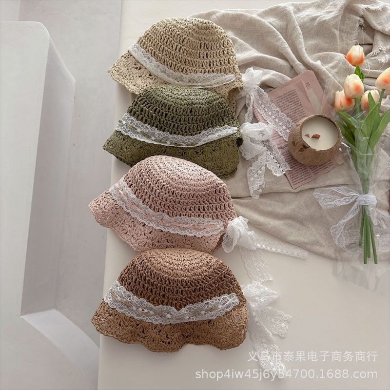Nón cói mềm phối viền ren trắng cho bé gái, nón cói hè cho bé