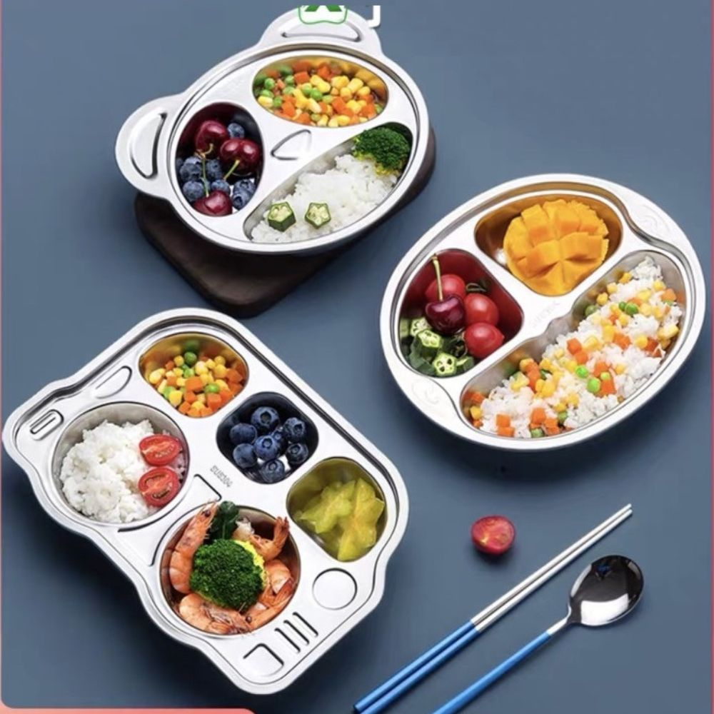 Khay ăn dặm inox 304 an toàn cho bé khay cơm chia ngăn hình ô tô gấu Beandy Kids