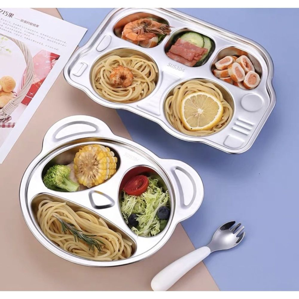 Khay ăn dặm inox 304 an toàn cho bé khay cơm chia ngăn hình ô tô gấu Beandy Kids