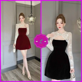 Đầm Nhung tiểu thư phối ren cổ vuông đính đá sang chảnh,