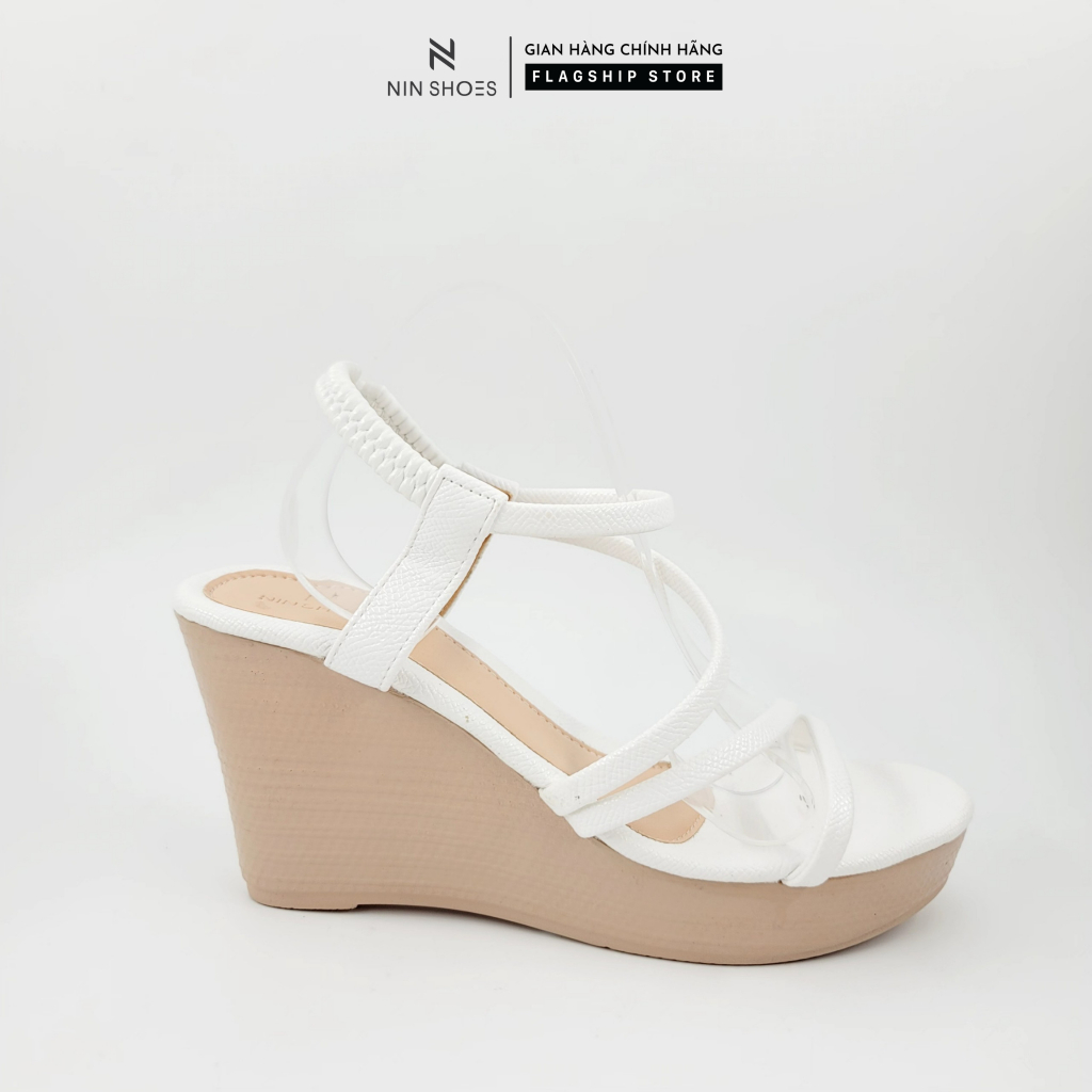 Sandal nữ Ninshoes cao gót 9 phân đế xuồng mũi tròn quai chun dây chéo tiện lợi