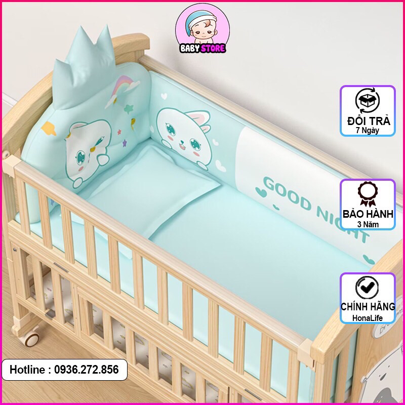 Cũi ngủ cho bé 2 tầng kèm ( QUÂY + MÀN +NỆM ) Nôi cũi gỗ cho bé đa chức năng chất liệu gỗ thông kích thước 105x60cm