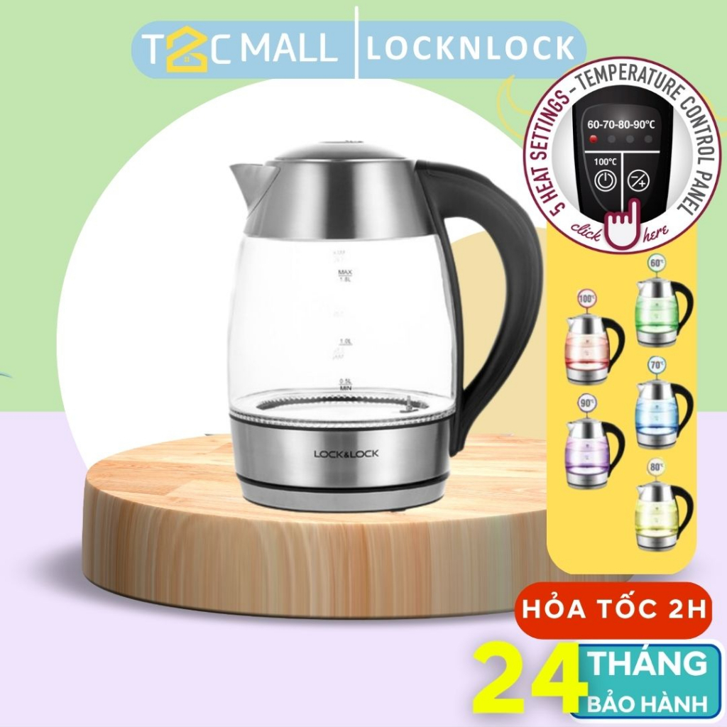 Ấm Thủy Tinh Siêu Tốc LocknLock 1.8L Đèn Màu Theo Mức Nhiệt Lock&Lock EJK341 - T2Cmall