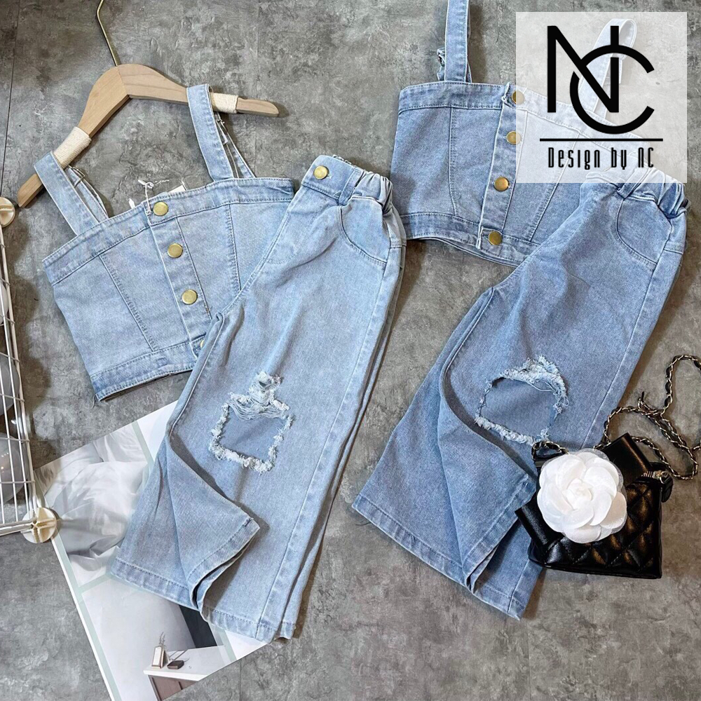 Bộ jean bé gái, bộ hai chi tiết quần dài áo hai dây dáng croptop chất vải jean giặt mềm HNK-2305