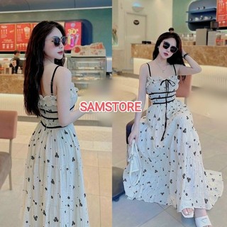 Đầm Maxi Xốp Hoa 2 Dây Phối Nơ DM011. Đầm Xoè Hoa M 55kg SamStore
