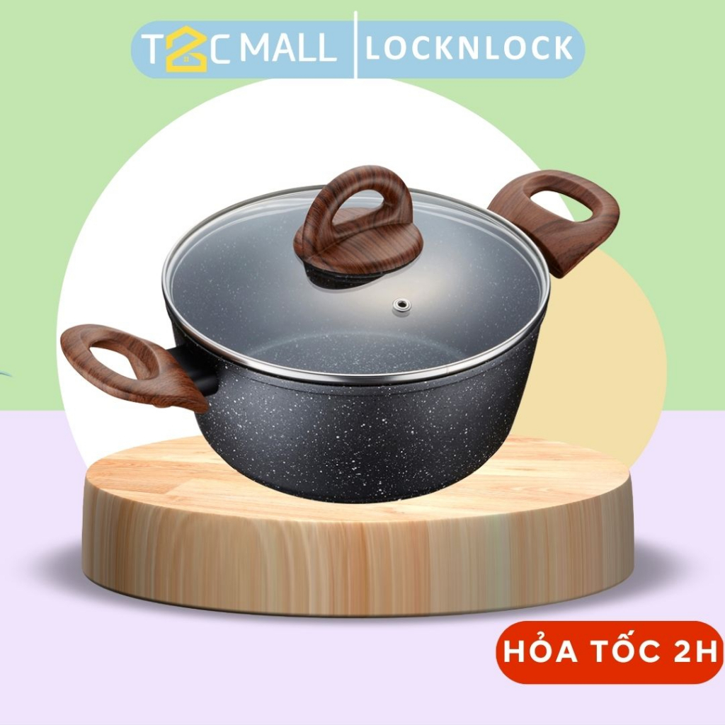 Nồi Nhôm Đá LocknLock BAUM Marble Chống Dính Có Tay Cầm Và Nắp Thủy Tinh LBU1242 - T2Cmall