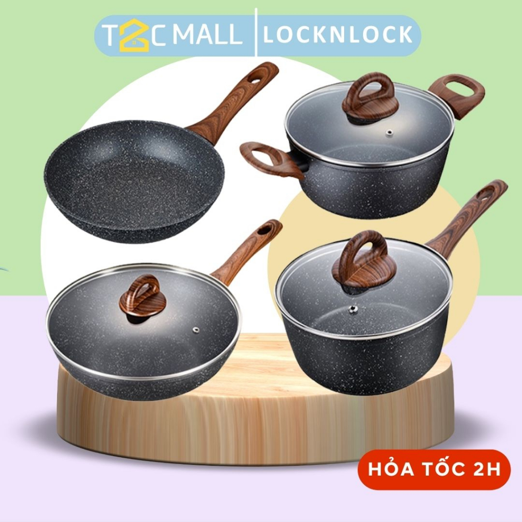 Nồi chảo nhôm chống dính LocknLock Baum Marble - Bộ nồi chảo dùng được bếp từ, 3 lớp phủ PFLUON - T2CMALL