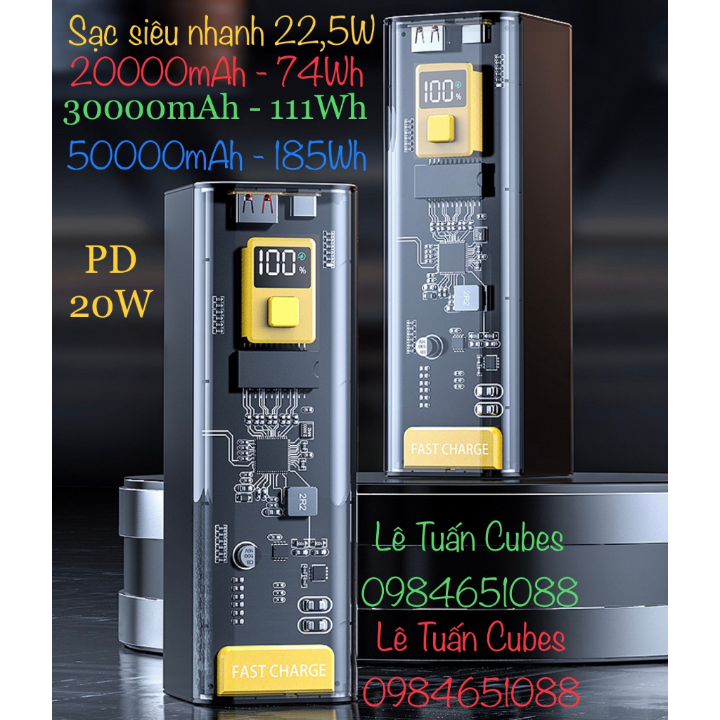 Pin sạc dự phòng, Box sạc dự phòng Siêu Nhanh 22,5W. PD20W dụng lượng 50000, 30000, 20000mAh. 185Wh, 111Wh, 74Wh