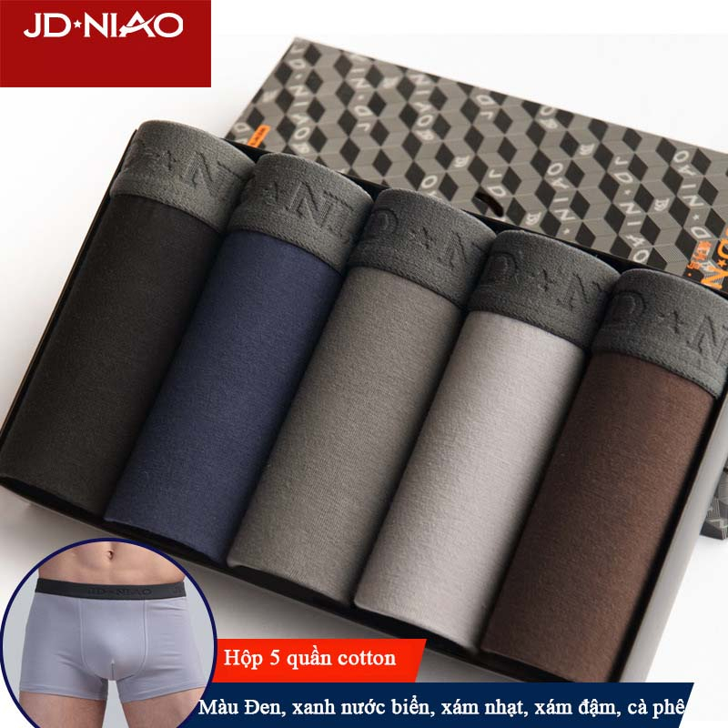 Hộp 5 Quần lót nam Boxer trơn, vải cotton thoáng mát