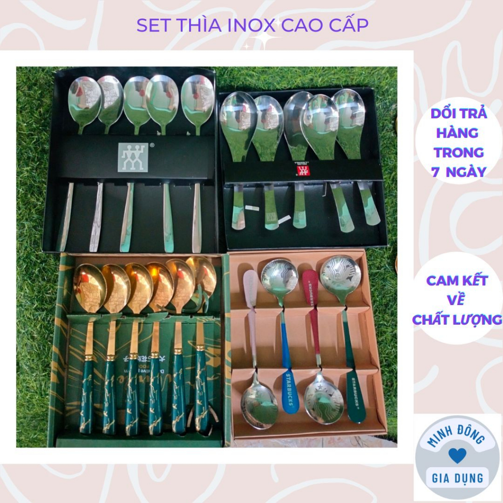 Muỗng cafe inox STARBUCKS, Mua set 4 muỗng STARBUCK.S đủ màu được kèm hộp, Thìa cà phê mạ vàng sang trọng