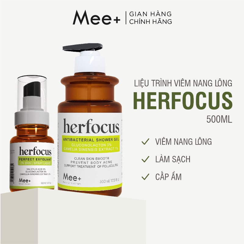 Xịt viêm nang lông HERFOCUS 100ml + Sữa tắm viêm nang lông HERFOCUS 500ml - Bộ liệu trình viêm nang lông Mee Natural