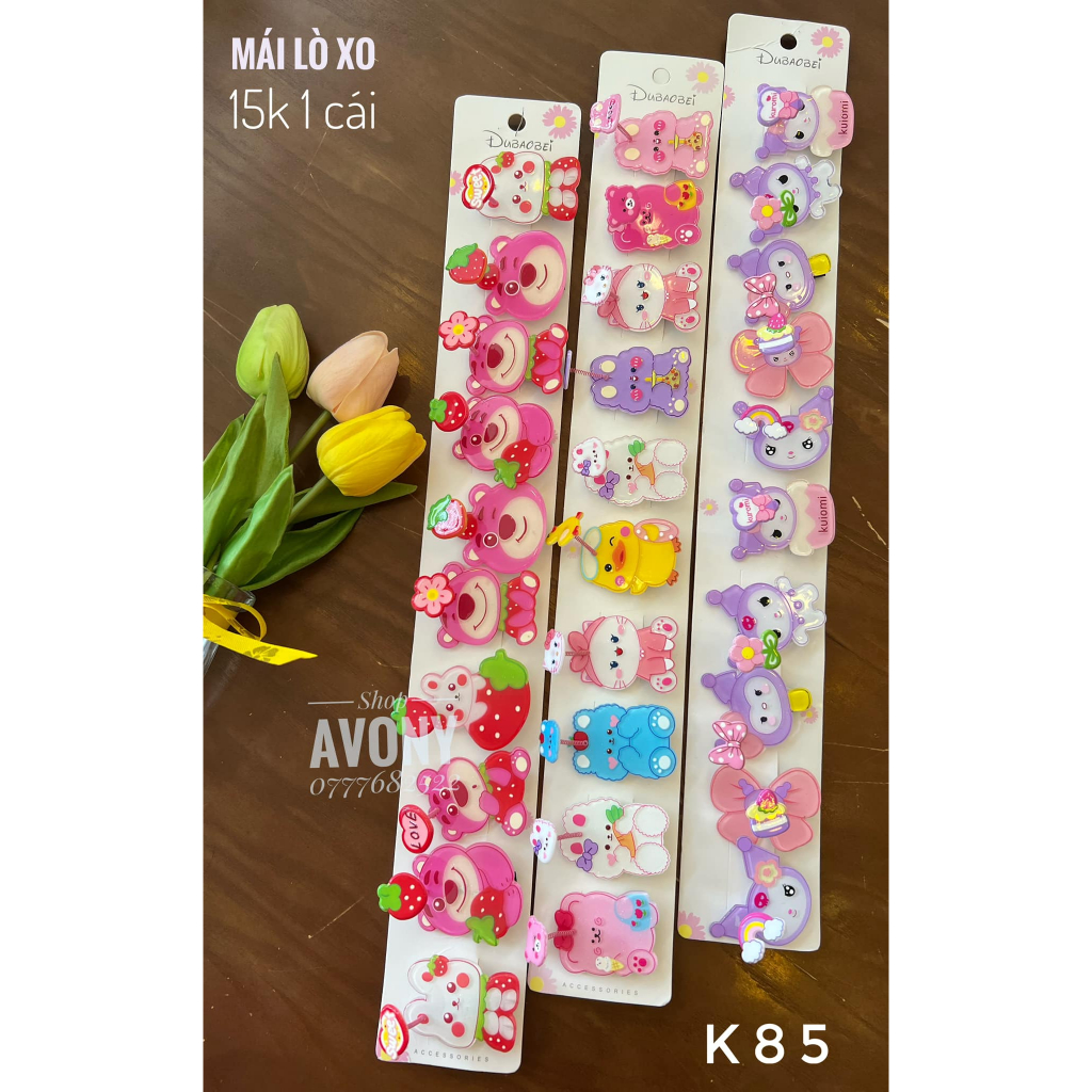 Kẹp tóc mái cho bé có lò xo đính icon lúc lắc xinh phiên bản 6 (gấu dâu lotso, thỏ, mèo, thú yugui)