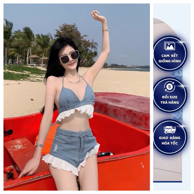 Sét bộ jean phối ren đi biển du lịch , sét đi biển ,sét bikini denim hè phong cách ⛅️ hình thật mấy ảnh cuối