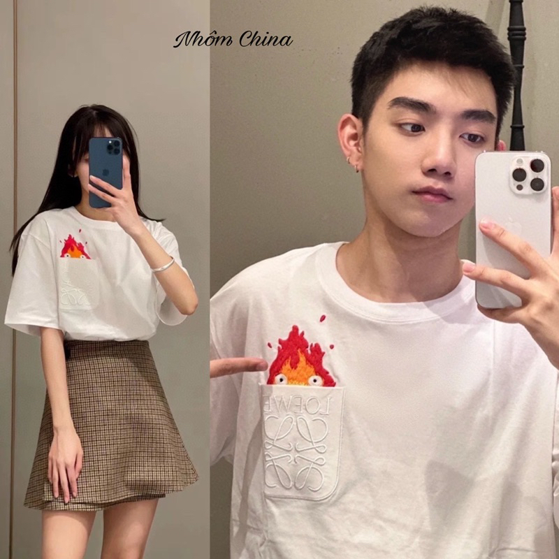 Áo phông form rộng thêu hình ngọn lửa chất cotton thời trang nam nữ 2023 , áo thun cotton