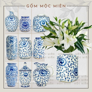 Bình hoa gốm lọ hoa men trắng vẽ Hoa Dây decor trang trí, Mộc Miên, gốm sứ bát tràng