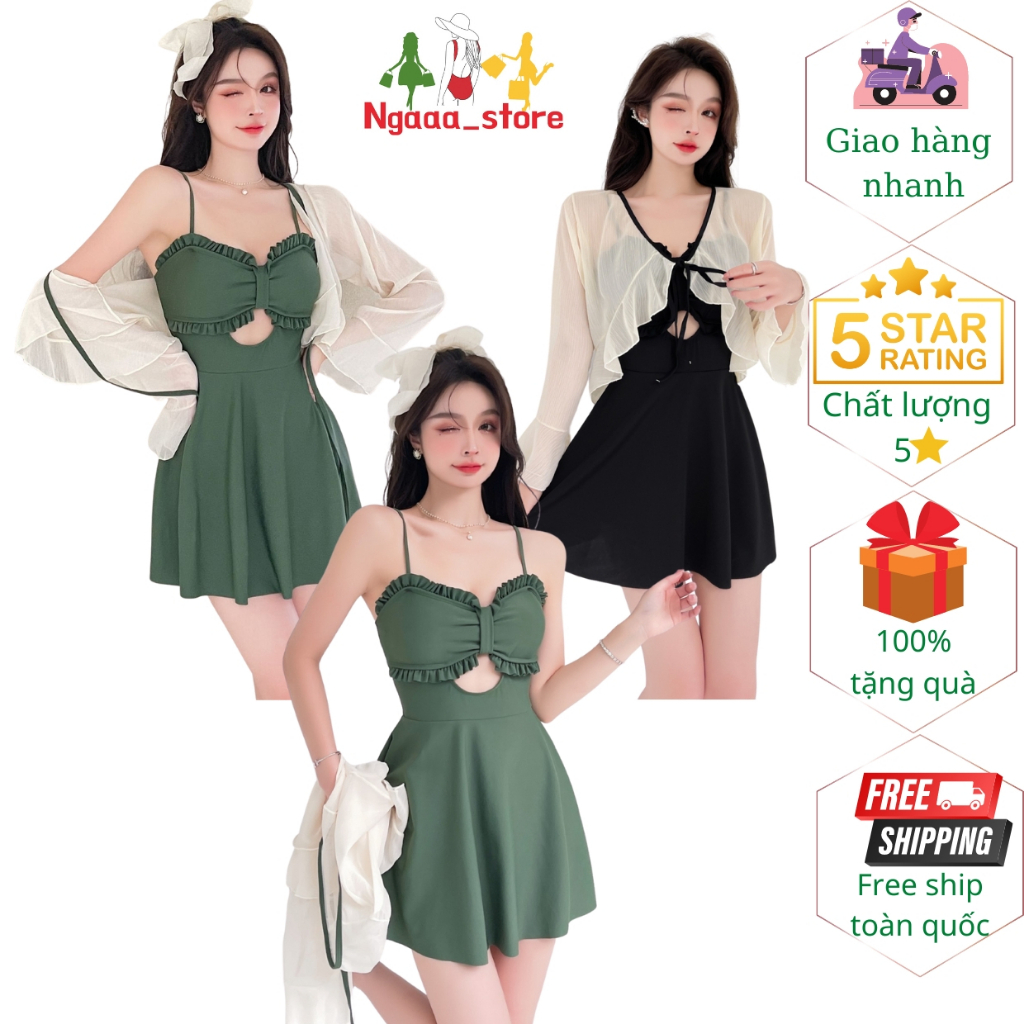 Bikini đi biển 1 mảnh kín đáo BK9307, Đồ bơi nữ liền thân có quần bảo hộ kèm áo voan phong cách hàn quốc trẻ trung