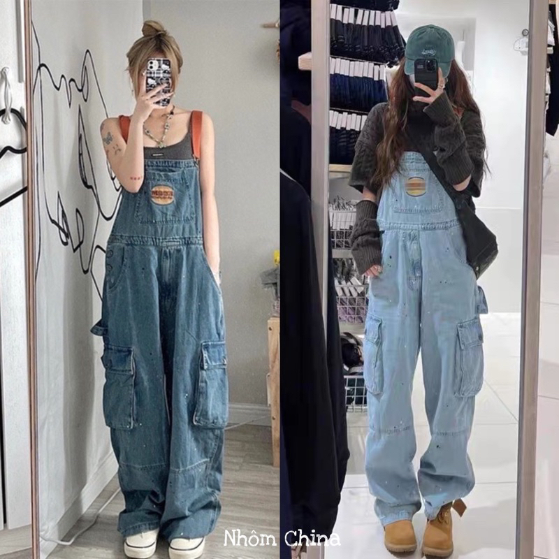 (Sẵn Xanh nhat2xl,be S)Yếm Quần Dáng Dài Ống Rộng Túi Hộp Vảy Sơn Hoạ Tiết Ngực Thời Trang Nam Nữ