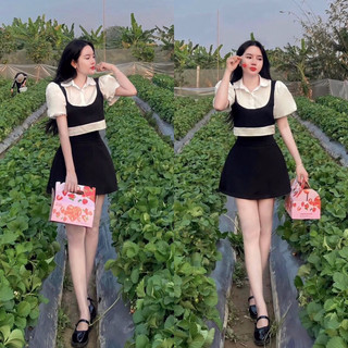 Set áo sơ mi tay bồng phối giả gile mix chân váy dáng a có quần trong