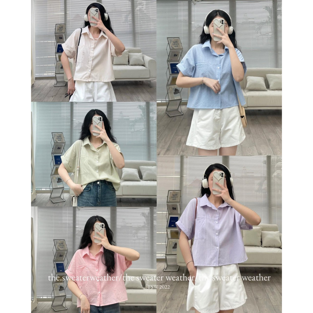 Áo sơ mi Heppy dáng croptop kẻ sọc túi ngực tay gập _ao8675